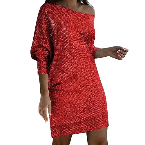 Zeiayuas Paillettenkleid Gold Lang Kleid Damen Langarm Elegant Hohe Taille Schulterfrei A-Linien Minikleid Freizeitkleid Partykleid Dating-Kleid Sommerkleider Rüschenkleid Pailletten Kleid von Zeiayuas