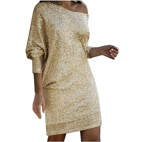 Paillettenkleid Gold Lang Kleid Damen Langarm Elegant Hohe Taille Schulterfrei A-Linien Minikleid Freizeitkleid Partykleid Dating-Kleid Sommerkleider Rüschenkleid Pailletten Kleid von Zeiayuas