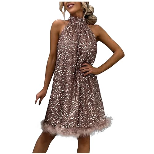 Paillettenkleid Gold Schwarz Frauen Pailletten Neckholder Kleid Quasten Ärmellos Glitzer Bleistiftkleid Sexy Sparkle Party Slip Dress Midi Sommer Elegant Cocktailkleider Schwarzes Abendkleider von Zeiayuas