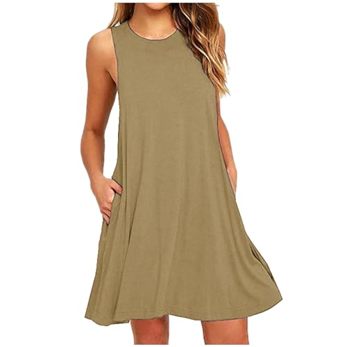 Sommerkleid Damen Knielang Elegant Kleider Ärmellos Rundhals Einfarbig Strandkleid Damen Sommer A-Linie Kleid Sommer Swing Freizeitkleid Lose Baumwolle Tankkleid Tshirt Kleid mit Tasche von Zeiayuas