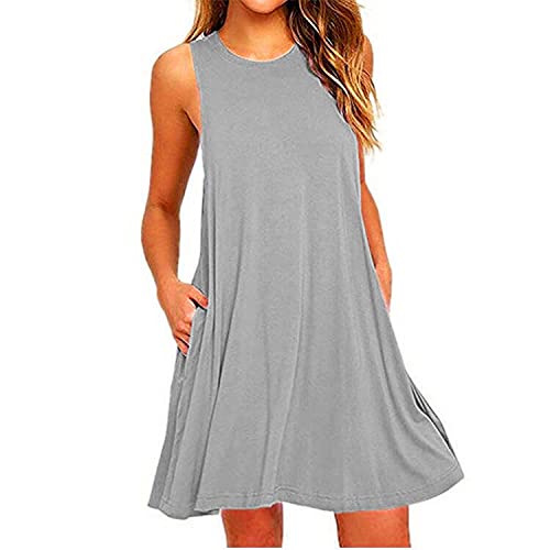 Sommerkleid Damen Knielang Elegant Kleider Ärmellos Rundhals Einfarbig Strandkleid Damen Sommer A-Linie Kleid Sommer Swing Freizeitkleid Lose Baumwolle Tankkleid Tshirt Kleid mit Tasche von Zeiayuas