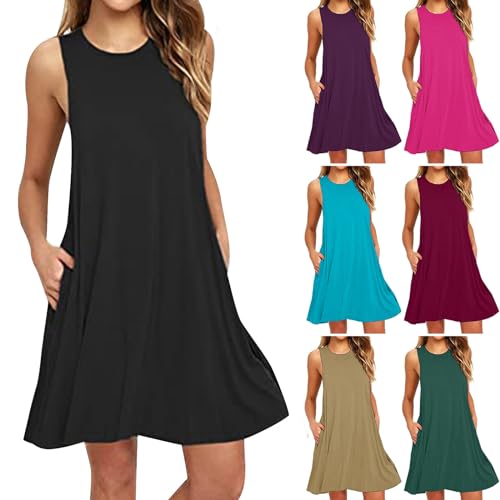 Sommerkleid Damen Knielang Elegant Kleider Ärmellos Rundhals Einfarbig Strandkleid Damen Sommer A-Linie Kleid Sommer Swing Freizeitkleid Lose Baumwolle Tankkleid Tshirt Kleid mit Tasche von Zeiayuas