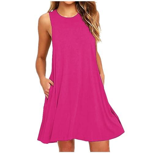 Sommerkleid Damen Knielang Elegant Kleider Ärmellos Rundhals Einfarbig Strandkleid Damen Sommer A-Linie Kleid Sommer Swing Freizeitkleid Lose Baumwolle Tankkleid Tshirt Kleid mit Tasche von Zeiayuas