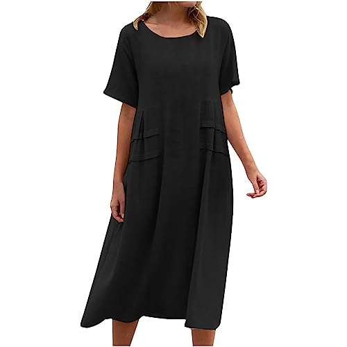 Sommerkleider Damen Curvy Leinenkleider GroßE GrößEnDamen Baumwollkleider Sommer Strand Freizeitkleider Leinen Baumwolle Kleid Casual Kurzarm Kleid Vintage Rundhalsausschnitt Urlaub Kleider von Zeiayuas