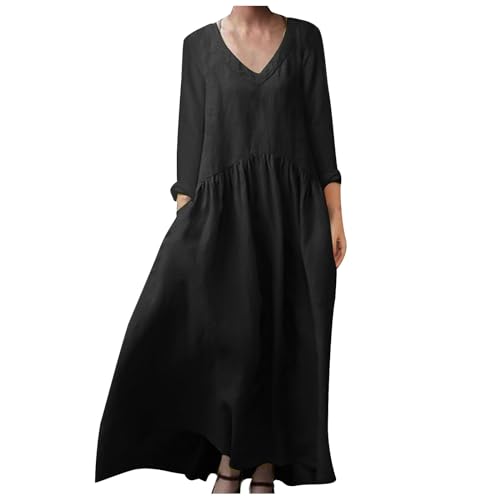 Sommerkleider Damen Knielang Leinenkleider Sommer Baumwollkleid Langarmkleider Elegant V-Ausschnitt Freizeitkleider Große Größe Leinen Partykleid mit TaschenStrandkleid A-Linie Kleid von Zeiayuas