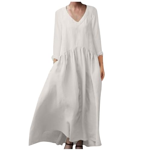 Sommerkleider Damen Knielang Leinenkleider Sommer Baumwollkleid Langarmkleider Elegant V-Ausschnitt Freizeitkleider Große Größe Leinen Partykleid mit TaschenStrandkleid A-Linie Kleid von Zeiayuas