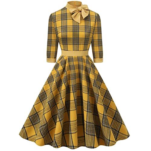 Swing Kleid Damen Festlich Lang Audrey Hepburn Stil Cocktailkleid Elegantes Kleid Damen Vintage Plaid Printed Tie Hepburn Style 3/4 Ärmel Rundhalsausschnitt Kleid Hepburn Kleid Swing Kleid von Zeiayuas