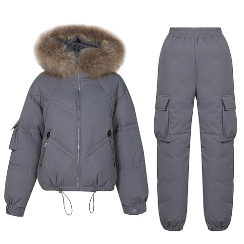 Winterjacke Damen Warm Gefüttert Skibekleidung Set Damen Dicke Skijacke mit Abnehmbarer Kapuze Damen Mantel Winter Snowboardjacke Warme Skijacke Damen Skianzüge Zweiteiler Daunenjacke von Zeiayuas