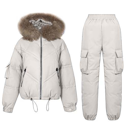 Winterjacke Damen Warm Gefüttert Skibekleidung Set Damen Dicke Skijacke mit Abnehmbarer Kapuze Damen Mantel Winter Snowboardjacke Warme Skijacke Damen Skianzüge Zweiteiler Daunenjacke von Zeiayuas