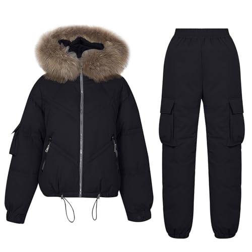 Winterjacke Damen Warm Gefüttert Skibekleidung Set Damen Dicke Skijacke mit Abnehmbarer Kapuze Damen Mantel Winter Snowboardjacke Warme Skijacke Damen Skianzüge Zweiteiler Daunenjacke von Zeiayuas