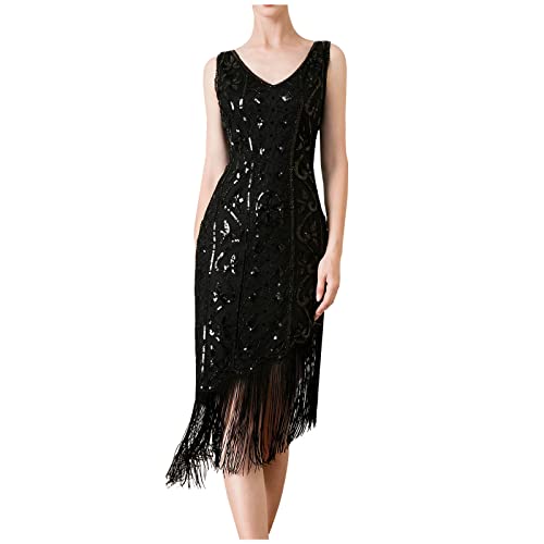 Zeiayuas 1920s Vintage Kleid Damen Flapper Charleston Kleid Gatsby Pailletten Quasten Saum Cocktail Flapper Abschlussballkleid Ärmelloses Kleid mit V-Ausschnitt Abendkleid Cocktail Party Kostüm Kleid von Zeiayuas