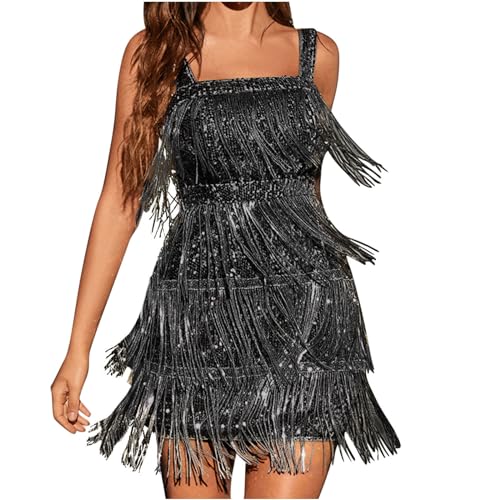 Zeiayuas 20er Jahre Kleid Damen Gatsby Pailletten Fransenkleid Spaghettiträger Sexy Kurz Latein Tanzkleid Cocktailkleider Elegant für Hochzeit mit Fransen 20er Jahre Pailletten Kleid von Zeiayuas