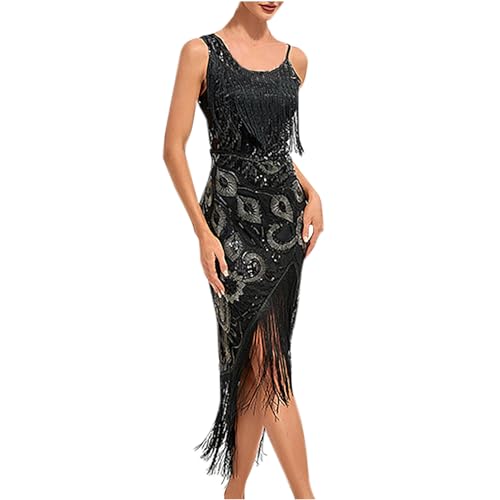 Zeiayuas 20er Jahre Kleider Pailletten Fransen Schwarz Gold 1920er Kleider Cocktailkleider Elegant für Hochzeit mit Fransen 20er Jahre Pailletten Kleid Schwarz Partykleid Damen Kostüm Ballkleid von Zeiayuas