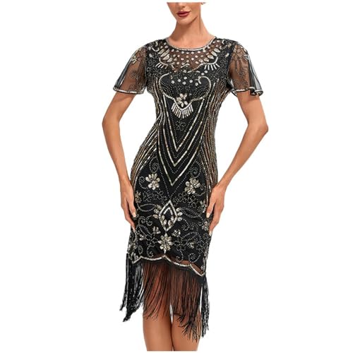 Zeiayuas 20er Jahre Kleider Pailletten Fransen Schwarz Gold 1920er Kleider Cocktailkleider Elegant für Hochzeit mit Fransen 20er Jahre Pailletten Kleid Schwarz Partykleid Damen Kostüm Ballkleid von Zeiayuas