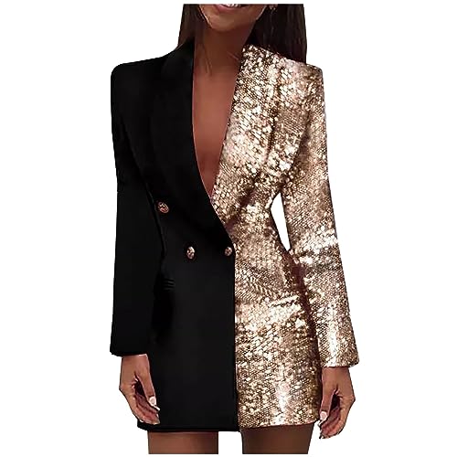 Zeiayuas Damen Blazer Kleid Langarm V-Ausschnitt Hemdkleid Business Lange Knopf Anzug Spleißen MinikleiderDamen Pailletten Anzug Button Down Kleider Party Kleider Damen Elegant Glitzer von Zeiayuas