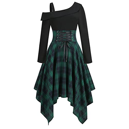 Zeiayuas Damen Gothic Kleid mit Schnürung und Unregelmäßiger Saum, One-Shoulder Langarm Minikleid mit Definierter Taille und Kariert Muster, Schicke Patchwork Partykleid für Halloween Cosplay von Zeiayuas
