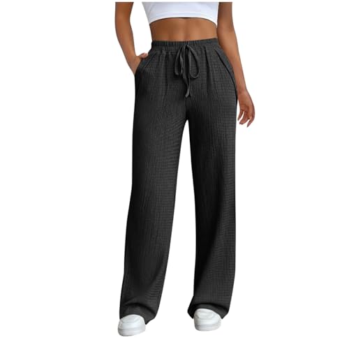 Zeiayuas Hose Damen Lang Palazzohose Einfarbig Jogginghose Casual Leichte Stoffhose mit Taschen Modish Bequeme Thermohose Lockere Lässig Sporthose Vintage Freizeithose Gerades Bein Straighthose von Zeiayuas