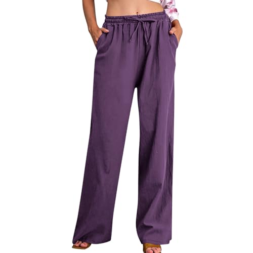 Zeiayuas Leinenhose für Damen Einfarbig Baumwolle Leinenhosen Casual Bequem Freizeithose mit Taschen lockere Passform Sommerhose Hohe Taille Strandhose lässig Baggy Sporthose Lange Hose mit Tunnelzug von Zeiayuas