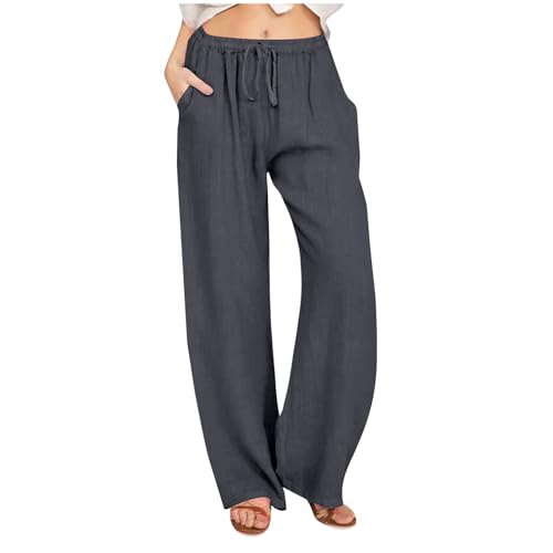 Zeiayuas Leinenhose für Damen Einfarbig Baumwolle Leinenhosen Casual Bequem Freizeithose mit Taschen lockere Passform Sommerhose Hohe Taille Strandhose lässig Baggy Sporthose Lange Hose mit Tunnelzug von Zeiayuas