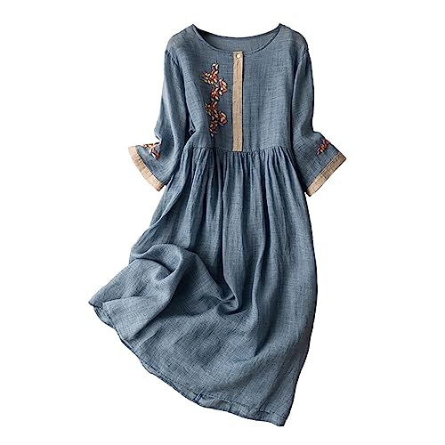 Zeiayuas Leinenkleider Damen KnielangA-Linie Kleid Leinenkleid Strandkleider Boho Kleid Freizeitkleid Damen Vintage Baumwolle Leinen 3/4 Arm Rundhalsausschnitt Tailliert Reise Urlaub Kleider von Zeiayuas