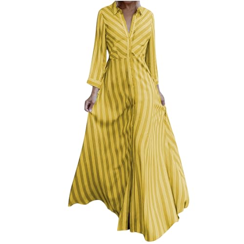 Zeiayuas Musselin Damen Freizeitkleid Gestreift Langarmkleid mit Knopleiste, Große Größen Kläppchenkragen Maxikleid Autumn Winterkleid Bequemes Temperament für Büro und Business von Zeiayuas