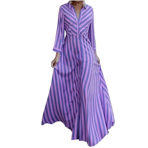 Zeiayuas Musselin Damen Freizeitkleid Gestreift Langarmkleid mit Knopleiste, Große Größen Kläppchenkragen Maxikleid Autumn Winterkleid Bequemes Temperament für Büro und Business von Zeiayuas