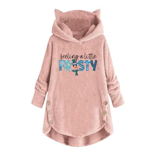 Zeiayuas Pink Plüsch Jacke Teddy Plüsch Jacke mit Ohren Weihnachten Bedruckte Plüschjacke Katzenohren Kapuzenjacke Outdoorjacke Fleecejacke Übergang Jacke Winter Wintermantel Fleecemante S-XXL von Zeiayuas