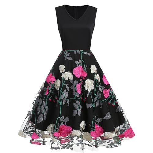 Zeiayuas Rockabilly Kleider Damen 50S Vintage 50er Jahre Retro Damen 1950er Vintage Cocktailkleid Retro Schwingen Kleid Faltenrock Damen 50er Jahre Rockabilly Kleid mit Blumenmuster Ärmellos von Zeiayuas