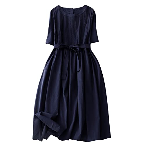 Zeiayuas Sommerkleider Damen Knielang Baumwollkleid Damen Sommer Leinenkleider Sommer Casual Rundhalsausschnitt Kurzarm Strandkleider Boho Langes Lässiges Lang Freizeitkleid Retro Cotton Dress von Zeiayuas