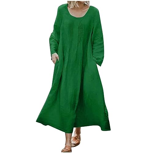 Zeiayuas Sommerkleider Damen Kurz Leinenkleider Sommer Baumwollkleid Strandkleid Elegante Lange Maxikleid Baumwolle Leinen Lose Falten Freizeitkleid Casual Leinenkleider mit Langarm von Zeiayuas