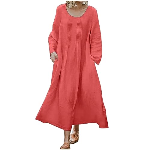 Zeiayuas Sommerkleider Damen Kurz Leinenkleider Sommer Baumwollkleid Strandkleid Elegante Lange Maxikleid Baumwolle Leinen Lose Falten Freizeitkleid Casual Leinenkleider mit Langarm von Zeiayuas