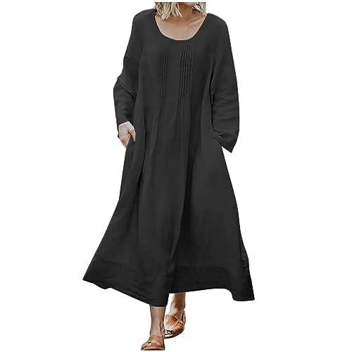 Zeiayuas Sommerkleider Damen Kurz Leinenkleider Sommer Baumwollkleid Strandkleid Elegante Lange Maxikleid Baumwolle Leinen Lose Falten Freizeitkleid Casual Leinenkleider mit Langarm von Zeiayuas