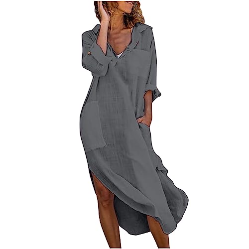 Zeiayuas Sommerkleider Damen Leicht Kaftan Kleid Damen Sommer Baumwolle Langarm Maxi Leinenkleid mit Taschen Lose V-Ausschnitt Falten Leinen Boho Lässiges Lang Freizeitkleid Retro Cotton Dress von Zeiayuas