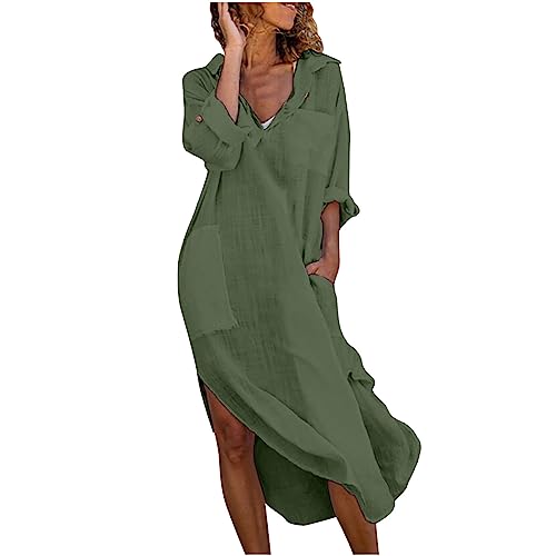Zeiayuas Sommerkleider Damen Leicht Kaftan Kleid Damen Sommer Baumwolle Langarm Maxi Leinenkleid mit Taschen Lose V-Ausschnitt Falten Leinen Boho Lässiges Lang Freizeitkleid Retro Cotton Dress von Zeiayuas