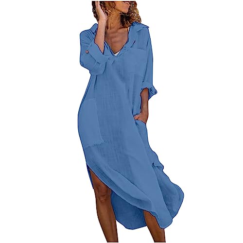 Zeiayuas Sommerkleider Damen Leicht Kaftan Kleid Damen Sommer Baumwolle Langarm Maxi Leinenkleid mit Taschen Lose V-Ausschnitt Falten Leinen Boho Lässiges Lang Freizeitkleid Retro Cotton Dress von Zeiayuas