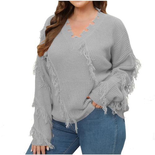 Zeiayuas Strickpullover Damen Texturierte Pullover Schickes Rundhals Fransen Pulli Elegant Autumn Winterpulli Langarm Große Größe Strickpulli Temperament Stretch Pulli Einfarbig Sweater von Zeiayuas