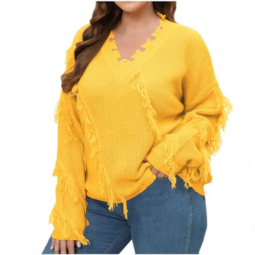 Zeiayuas Strickpullover Damen Texturierte Pullover Schickes Rundhals Fransen Pulli Elegant Autumn Winterpulli Langarm Große Größe Strickpulli Temperament Stretch Pulli Einfarbig Sweater von Zeiayuas