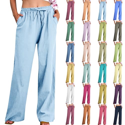 Zeiayuas Weite Bein Hose FüR Damen Leichte Baumwolle Leinenhose Einfarbig Modisch Leinenhosen Lose LäSsige Gerade Sommerhose Lockere Atmungsaktive Hosen Stoffhose GroßE GrößEn Strandhose Mit Taschen von Zeiayuas
