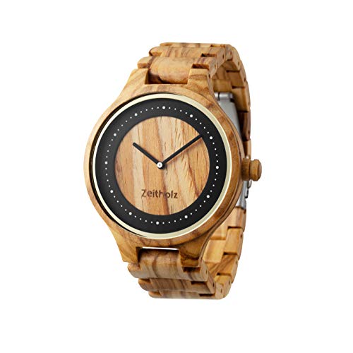 Zeitholz Holzuhr für Herren - Modell Dohma, handgefertigt aus 100% natürlichem Oliven mit Quarzwerk - Leichte analoge Uhr mit Holzmaserung für Ihn - Verstellbares Armband passt an jedes Handgelenk von Zeitholz