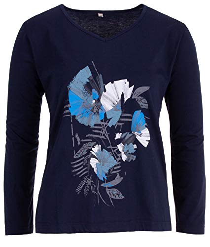 Zeitlos Langarmshirt Blumen V-Auschnitt T-Shirt Longsleeve, Farbe:dunkelblau, Größe:2XL von Zeitlos