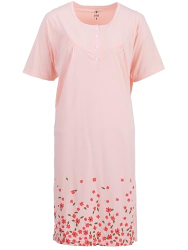 Zeitlos Nachthemd Damen Kurzarm Greta mit Blumen am Saum M-2XL Schlafshirt kleine Knopfleiste mit Raffung an der Brust, Farbe:apricot, Größe:XXL von Zeitlos
