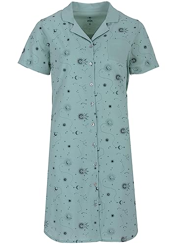 Zeitlos Nachthemd Damen Kurzarm Kragen Sonne Mond Sterne M-2XL Knopfleiste Schlafshirt, Farbe:Mint, Größe:XXL von Zeitlos