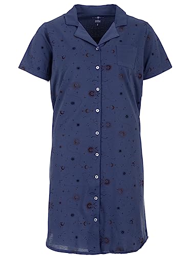 Zeitlos Nachthemd Damen Kurzarm Kragen Sonne Mond Sterne M-2XL Knopfleiste Schlafshirt, Farbe:blau, Größe:XL von Zeitlos