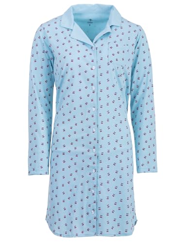 Zeitlos Nachthemd Damen Langarm Holly mit Kirschen M-2XL Schlafshirt durchgehende Knopfleiste mit Kragen, Farbe:hellblau, Größe:XXL von Zeitlos