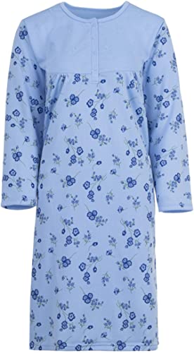 Zeitlos Thermo Nachthemd Blumen mit Stickerei Damen Langarm Knopfleiste M-2XL, Farbe:blau, Größe:XL von Zeitlos