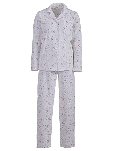 Zeitlos Pyjama Thermo Damen Schlafanzug Kragen Schwan Schleife Baumwolle V-Ausschnitt Pyjama Thermo Damen Schlafanzug Blumen blau, Farbe:Off-White, Größe:XXL von Zeitlos