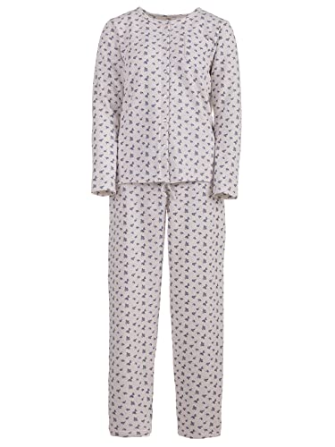 Zeitlos Pyjama Thermo Damen Schlafanzug Rundhalsausschnitt Blumen blau Baumwolle Bordüre V-Ausschnitt Pyjama Thermo Damen Schlafanzug Blumen blau, Farbe:Off-White, Größe:M von Zeitlos