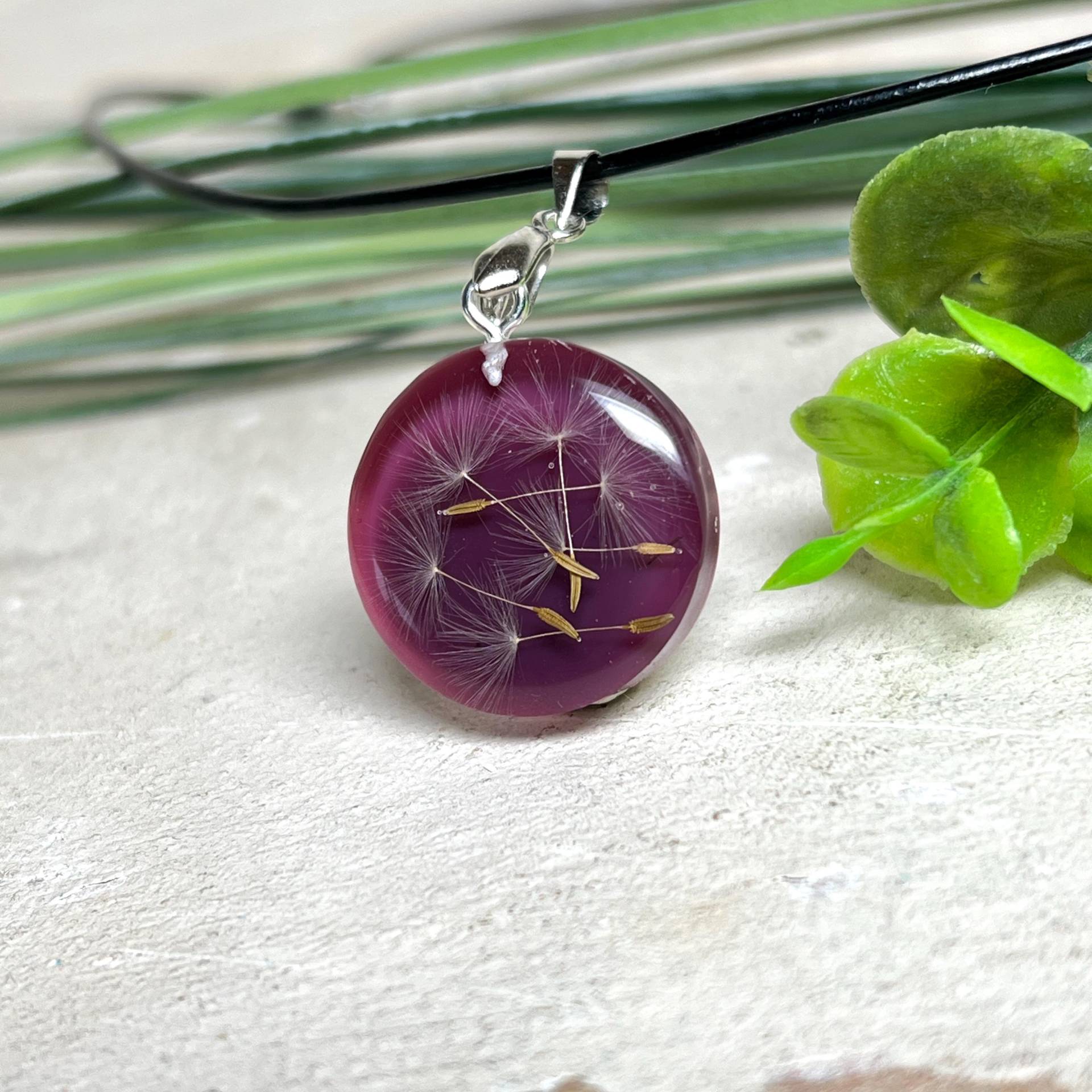 Runder Anhänger Mit Echter Pusteblume Harz Brombeerfarben 22 Mm Edelstahlöse Lederkette Edelstahlverschluss, Geschenkidee, Gücksbringer Runder Anhänger Mit Echter Pusteblume Harz Brombeerfarben 22 Mm Edelstahlöse Lederkette Edelstahlverschluss, Geschenkidee, Gücksbringer von ZeitlosSchmuckDesign