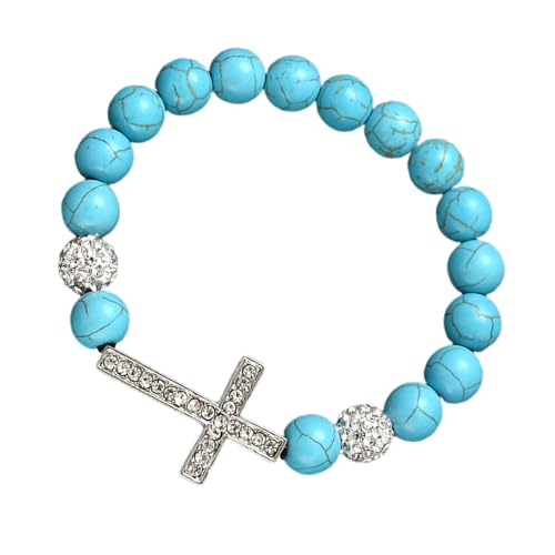 Zeiwohndc Dehnbares Elastisches Türkisfarbenes Steinkruzifix Armband 10 Mm Perlen Handkette Spiritueller Schmuck Für Tägliche Outfits Blau Edelsteine Elastiz von Zeiwohndc