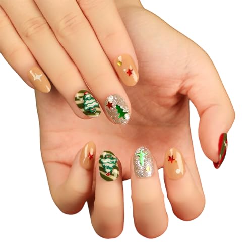 Künstliche Nägel zum Aufdrücken mit Weihnachtsmotiven, für Maniküre-Salons und Zuhause, Nagelkunst, geeignet für Mädchen und Frauen, ovale Nägel zum Aufdrücken von Zeizafa